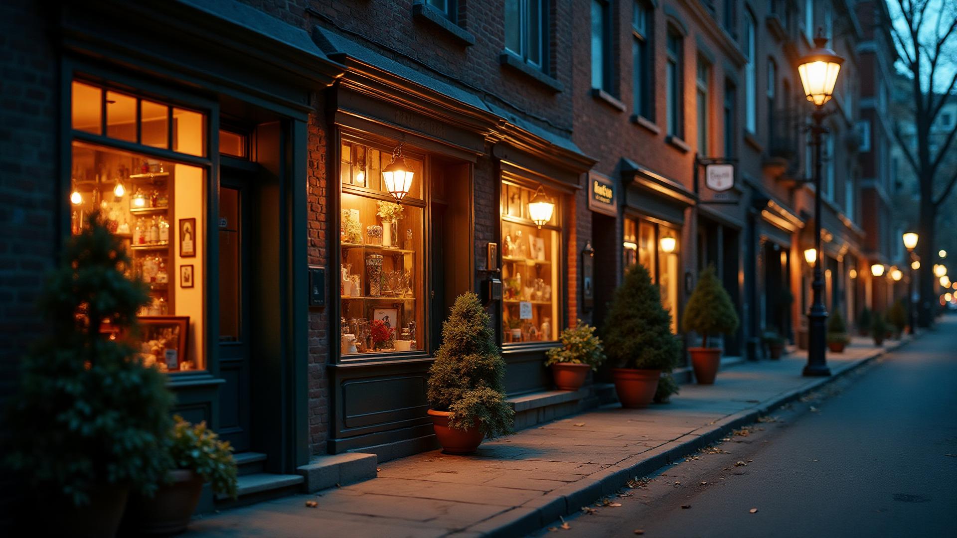 Charming neighbourhood side street with warm storefront lights in Metro Vancouver