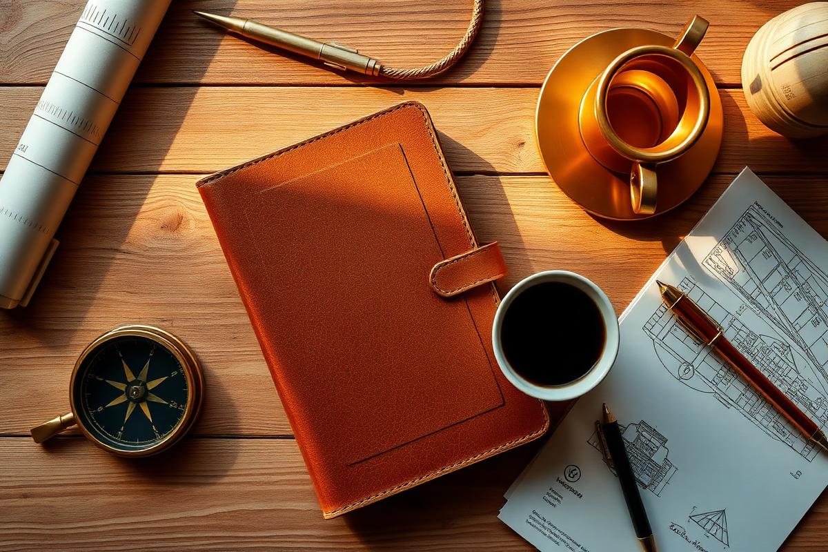 Business planning workspace with leather notebook and compass — Side Street Strategy consulting